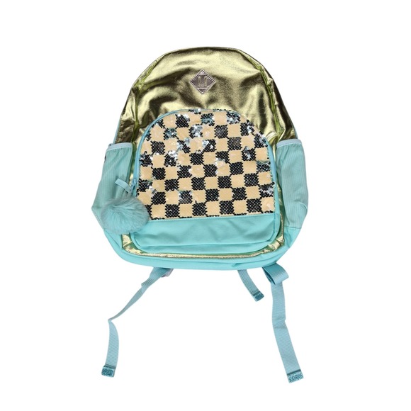 Cat & Jack Other - Cat & Jack Girls Sequin Checkerboard Backpack Gold Teal Metallic School Bag NEW